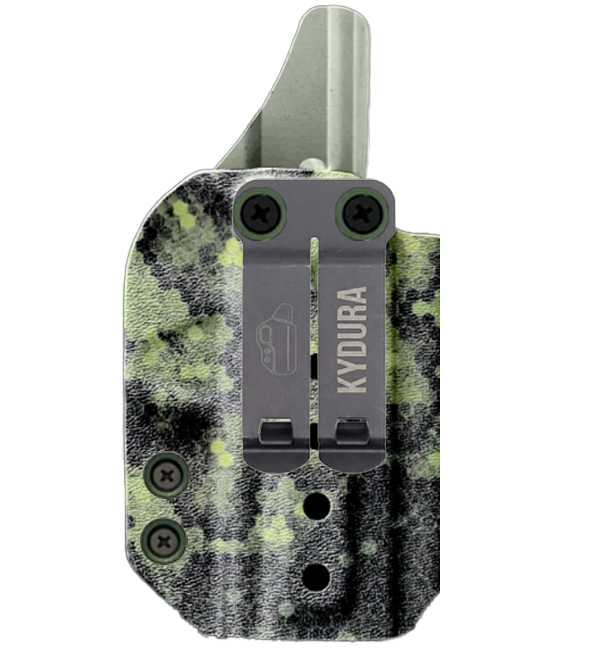 Kabura kydex IWB wewnętrzna do Colt M1911 w kamuflażu pikselowym z metalowym klipsem - widok z tyłu